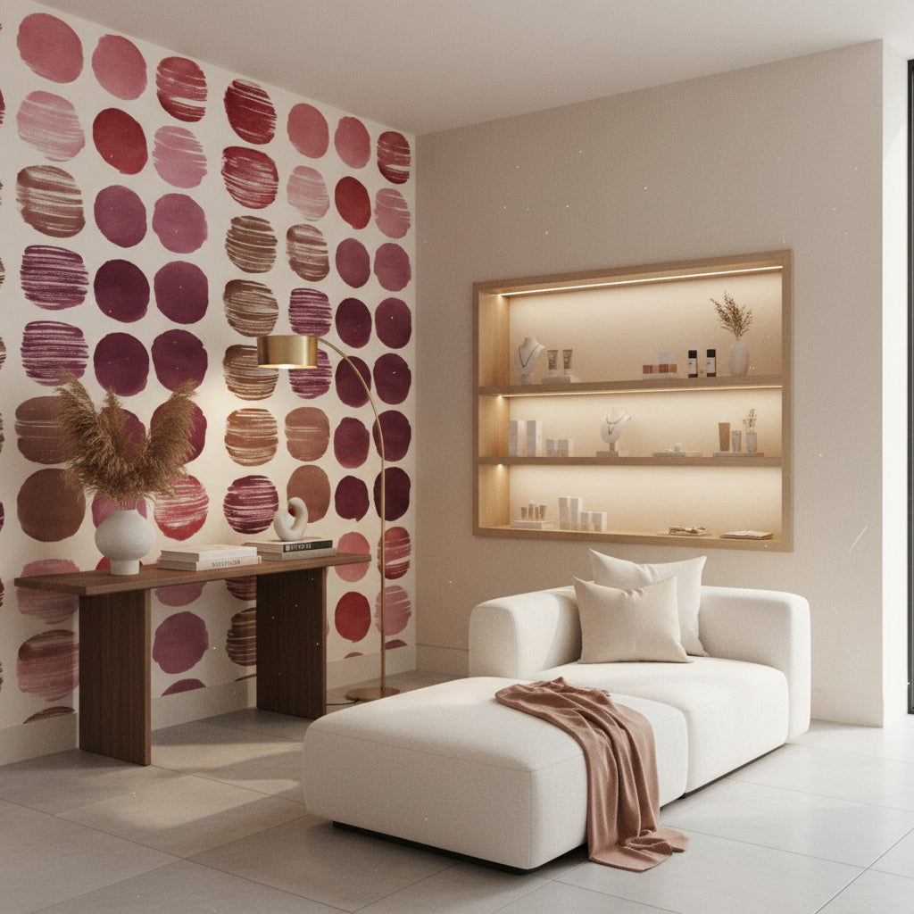 Soyut Noktalı Duvar Kağıdı Pembe Bordo Salon