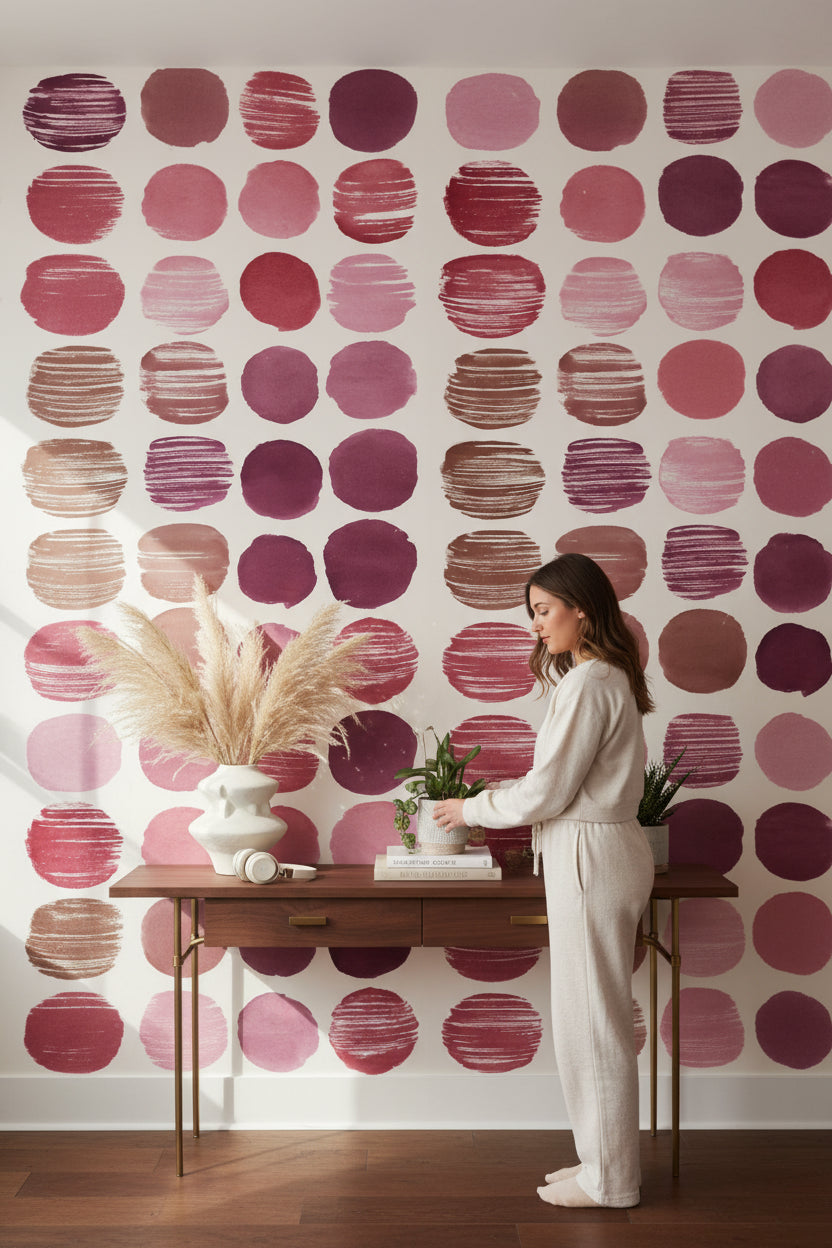Soyut Noktalı Duvar Kağıdı Pembe Bordo Salon