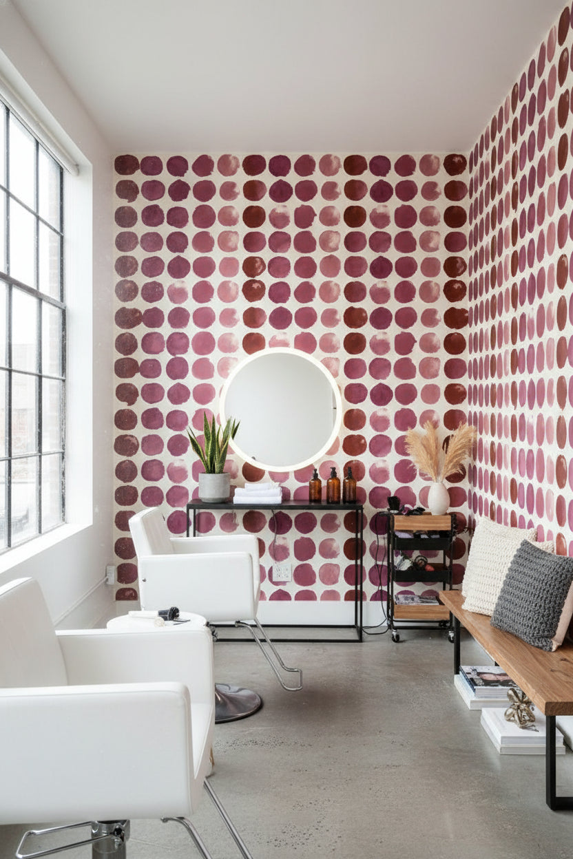 Puantiyeli Duvar Kağıdı Bordo Pembe Modern Salon