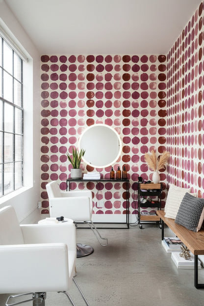 Puantiyeli Duvar Kağıdı Bordo Pembe Modern Salon