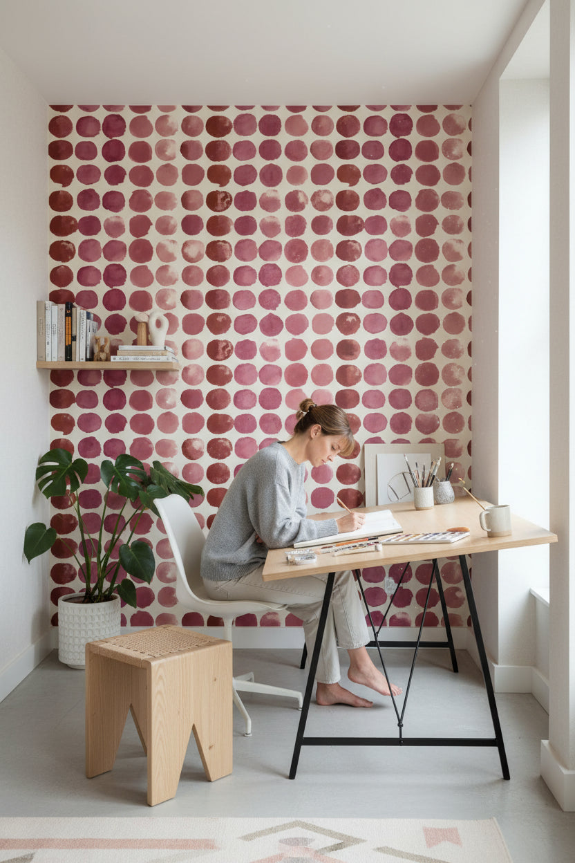 Puantiyeli Duvar Kağıdı Bordo Pembe Modern Salon