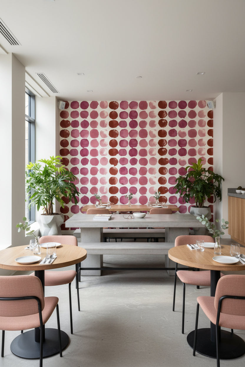 Puantiyeli Duvar Kağıdı Bordo Pembe Modern Salon