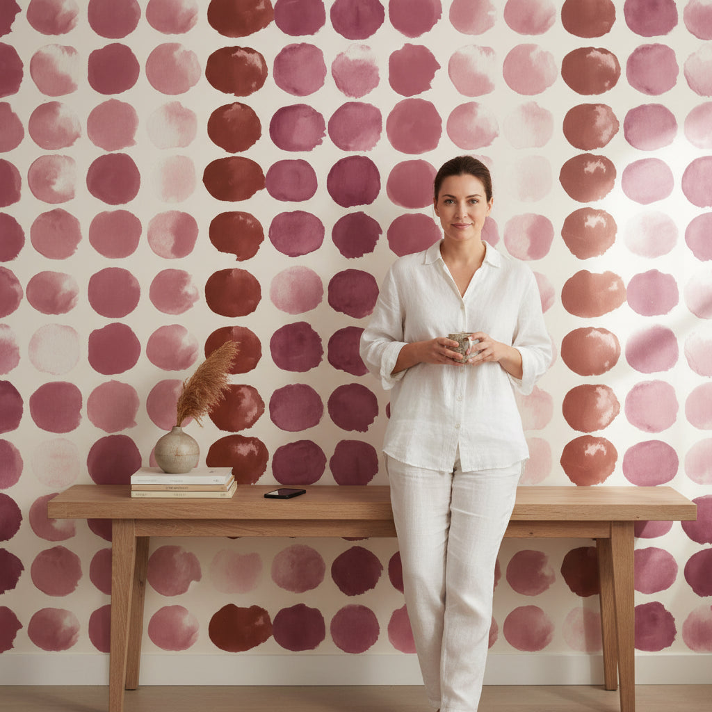 Puantiyeli Duvar Kağıdı Bordo Pembe Modern Salon