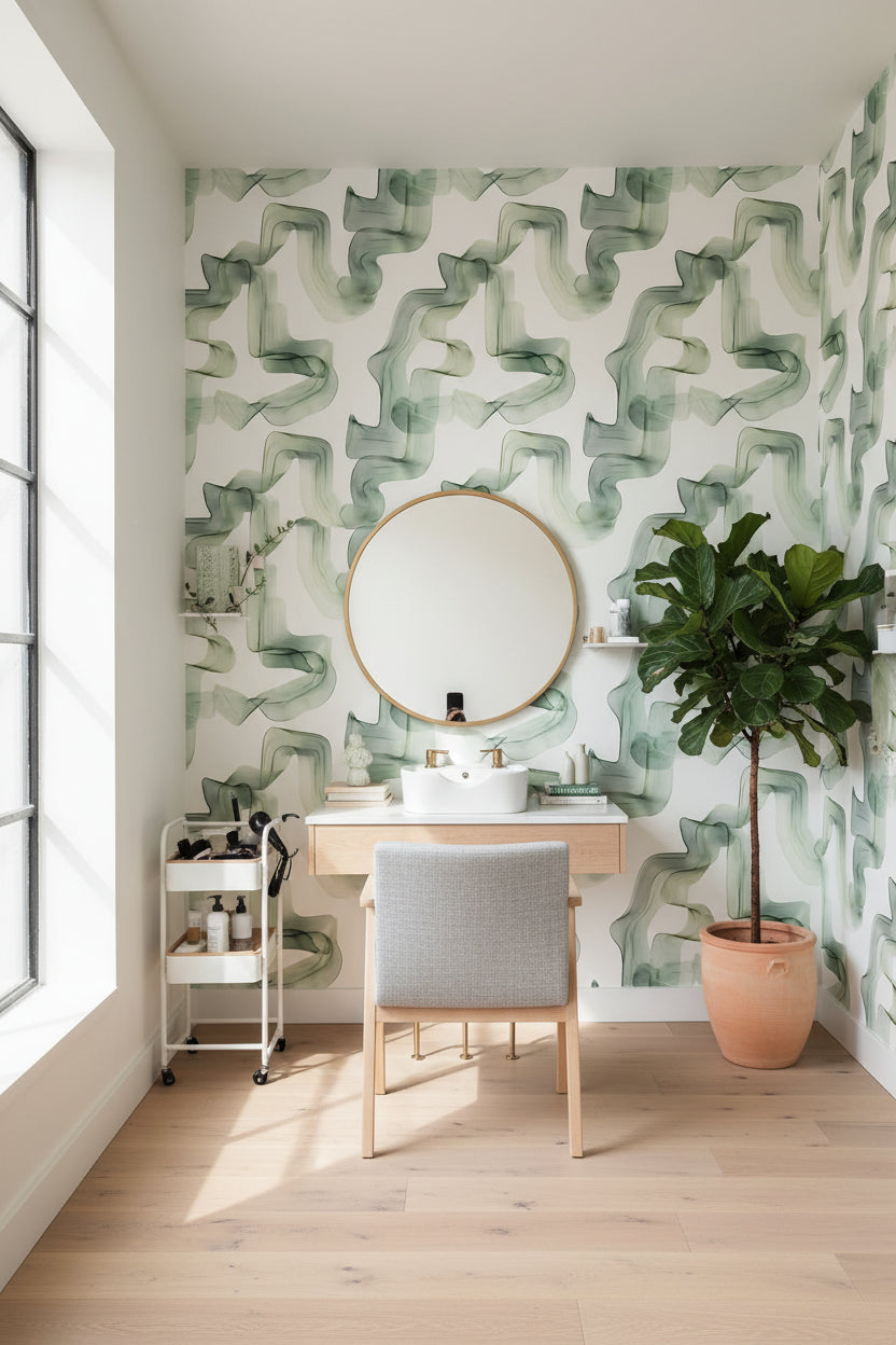 Soyut Dalgalı Duvar Kağıdı Yeşil Modern Salon