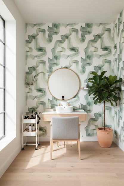 Soyut Dalgalı Duvar Kağıdı Yeşil Modern Salon