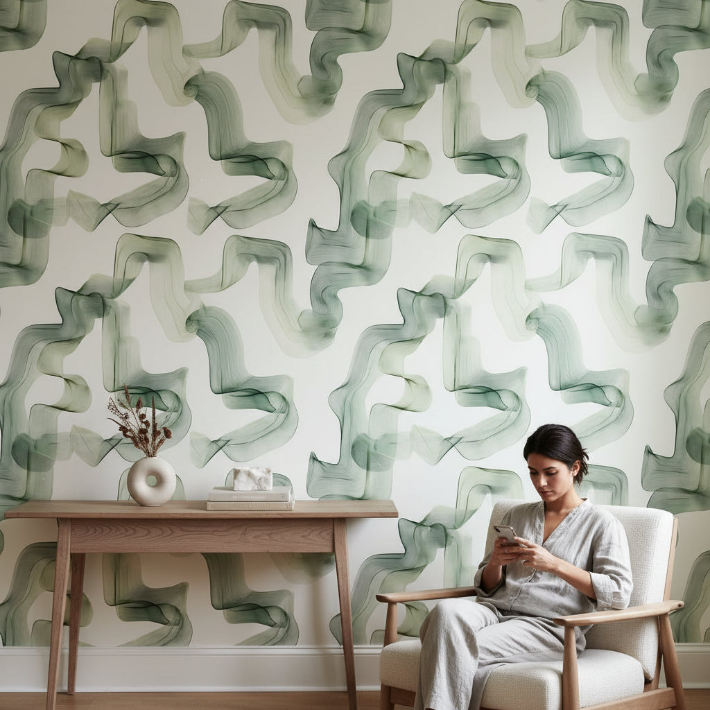 Soyut Dalgalı Duvar Kağıdı Yeşil Modern Salon
