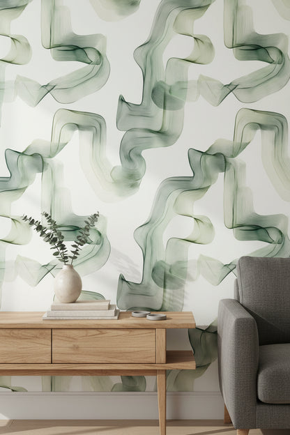 Soyut Dalgalı Duvar Kağıdı Yeşil Modern Salon