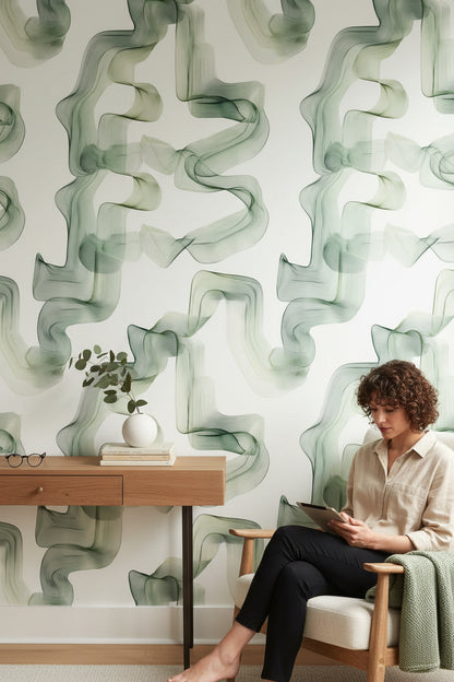 Soyut Dalgalı Duvar Kağıdı Yeşil Modern Salon