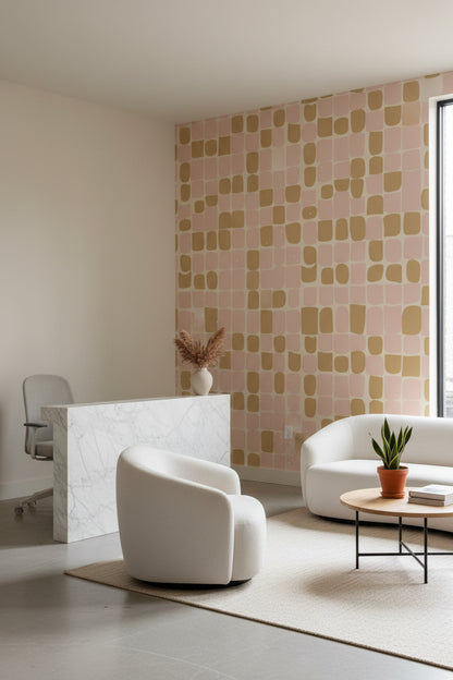 Geometrik Kareli Duvar Kağıdı Pudra Pembe Hardal Salon