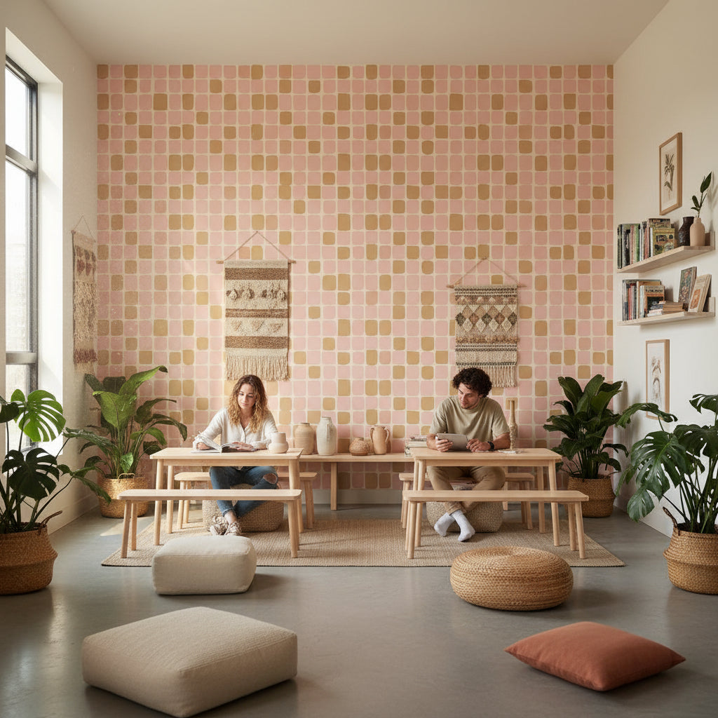 Geometrik Kareli Duvar Kağıdı Pudra Pembe Hardal Salon