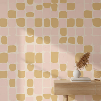 Geometrik Kareli Duvar Kağıdı Pudra Pembe Hardal Salon