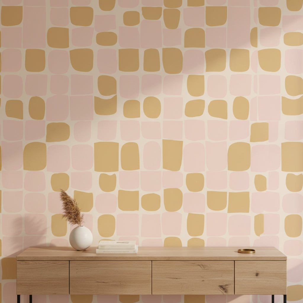 Geometrik Kareli Duvar Kağıdı Pudra Pembe Hardal Salon