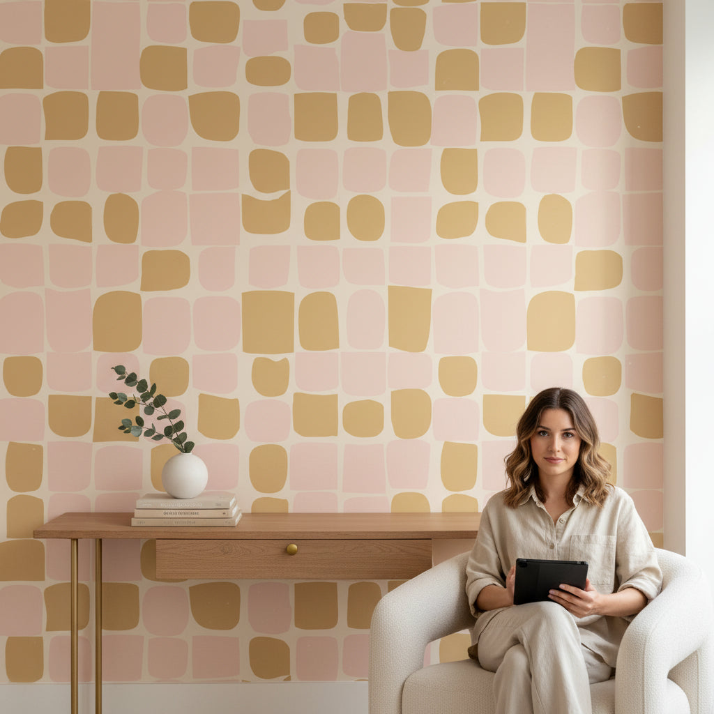 Geometrik Kareli Duvar Kağıdı Pudra Pembe Hardal Salon