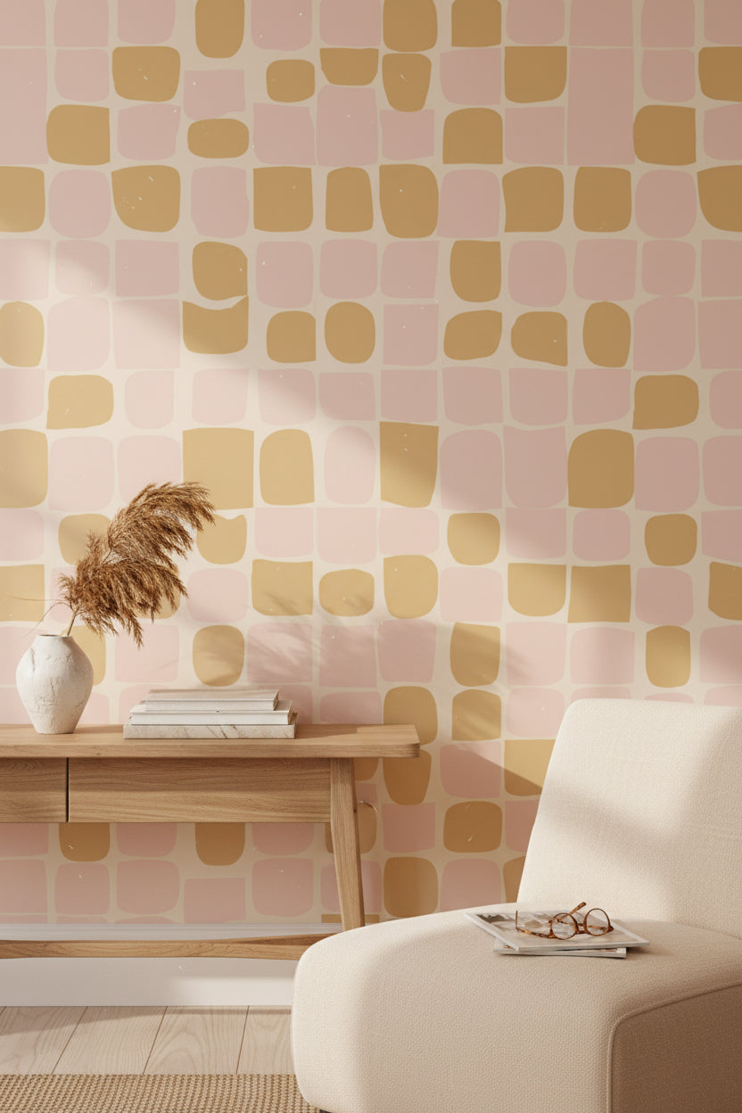Geometrik Kareli Duvar Kağıdı Pudra Pembe Hardal Salon