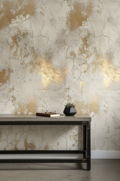 Eskitme Beton Desenli Duvar Kağıdı Bej Gold Salon