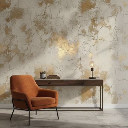Eskitme Beton Desenli Duvar Kağıdı Bej Gold Salon