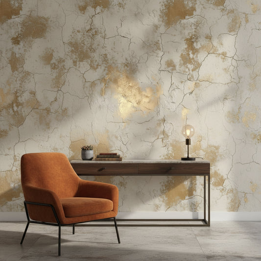 Eskitme Beton Desenli Duvar Kağıdı Bej Gold Salon