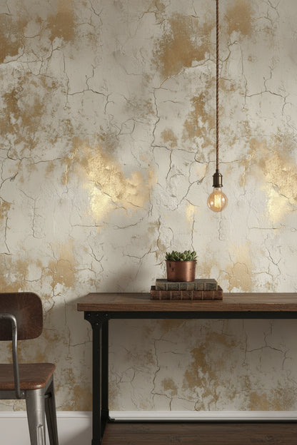 Eskitme Beton Desenli Duvar Kağıdı Bej Gold Salon