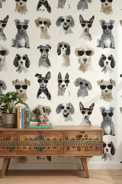 Gözlüklü Köpek Desenli Duvar Kağıdı Krem Çocuk Odası