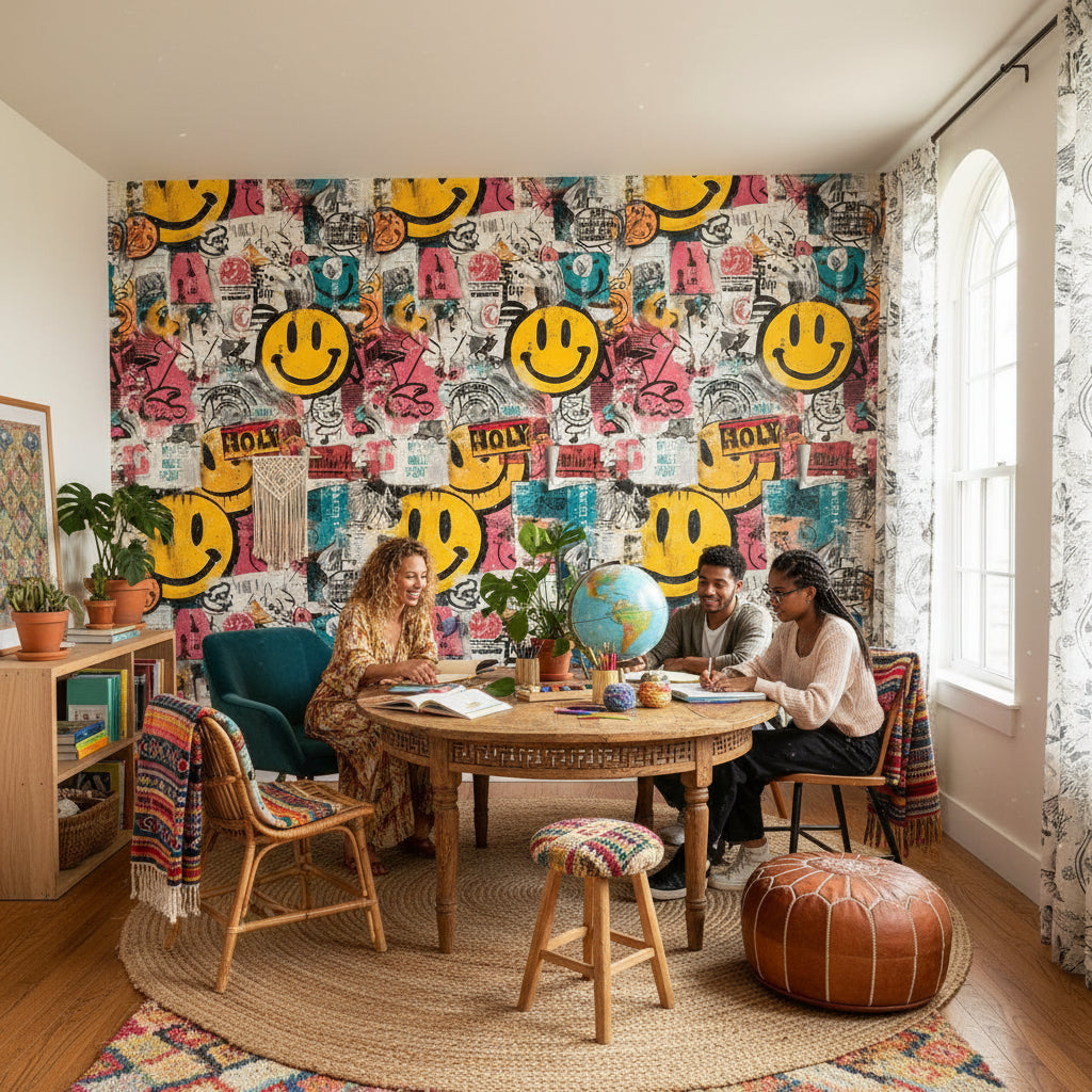 Grafiti Smiley Duvar Kağıdı Renkli Salon Dekoru