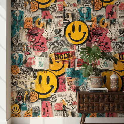 Grafiti Smiley Duvar Kağıdı Renkli Salon Dekoru