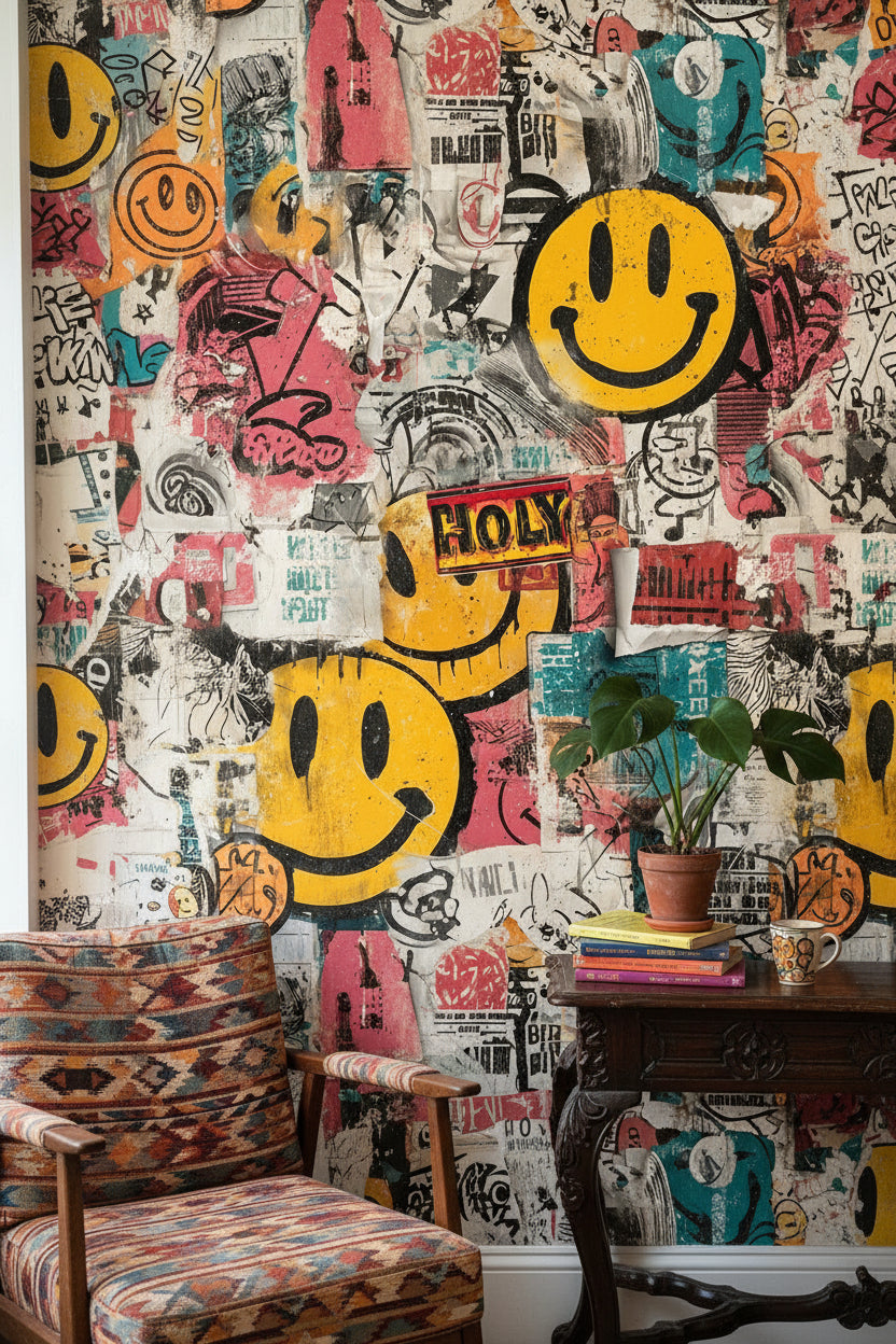 Grafiti Smiley Duvar Kağıdı Renkli Salon Dekoru