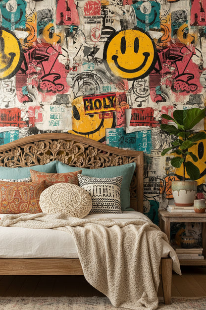 Grafiti Smiley Duvar Kağıdı Renkli Salon Dekoru