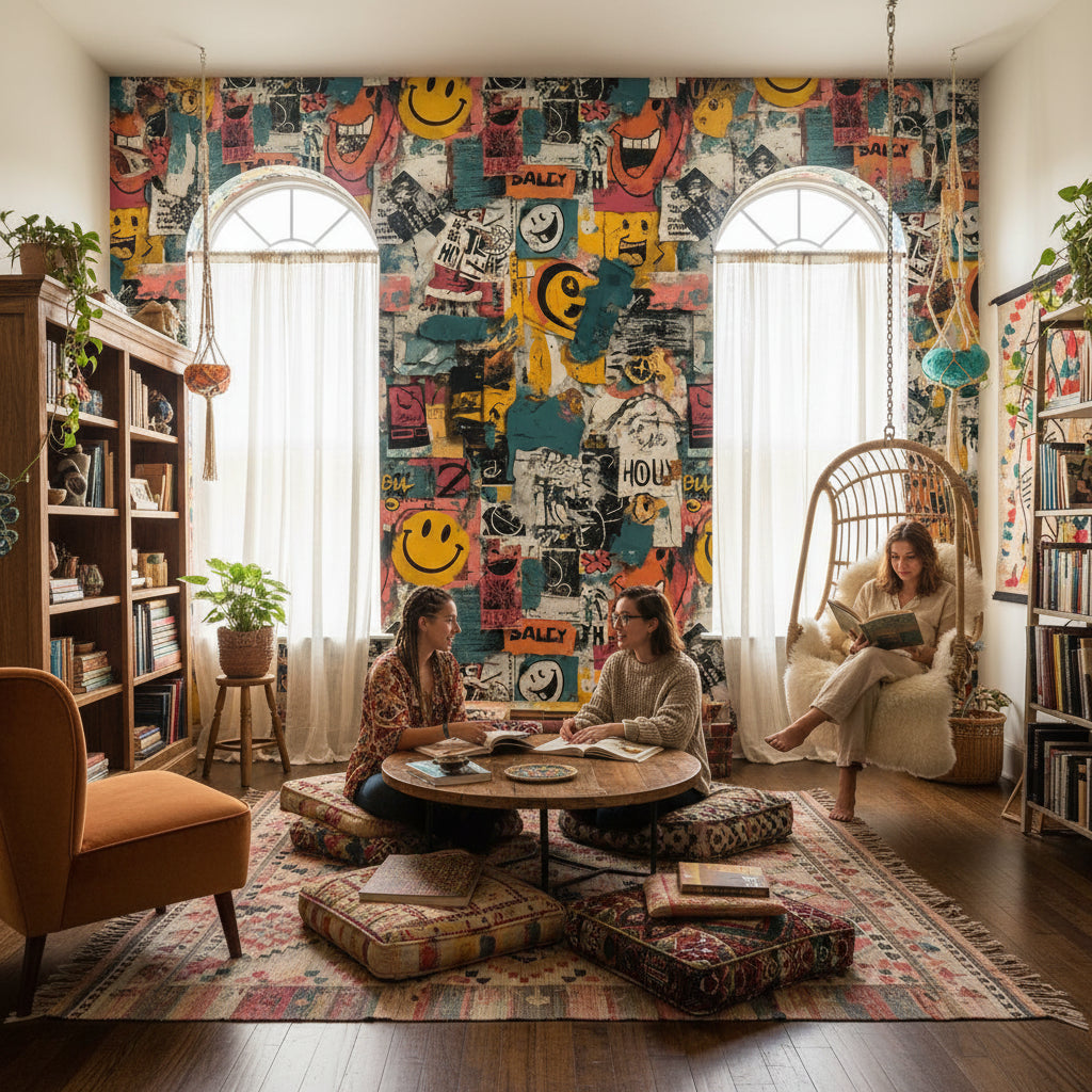 Grafiti Kolaj Duvar Kağıdı Renkli Salon Duvar Dekoru