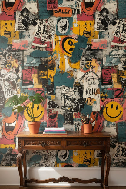 Grafiti Kolaj Duvar Kağıdı Renkli Salon Duvar Dekoru