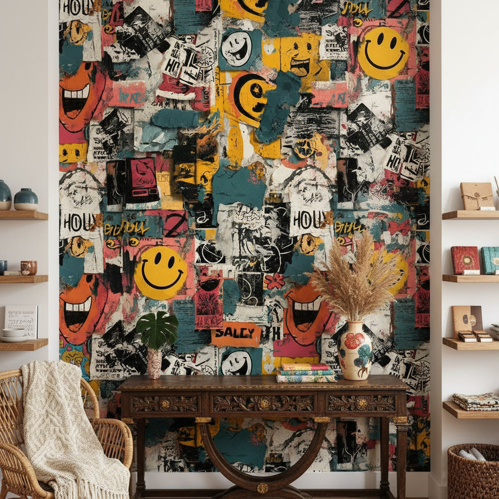 Grafiti Kolaj Duvar Kağıdı Renkli Salon Duvar Dekoru