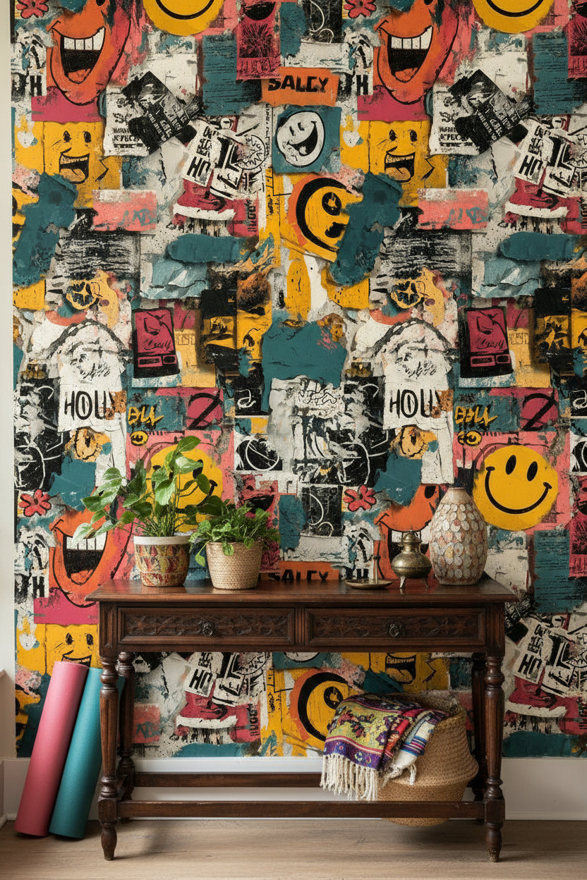 Grafiti Kolaj Duvar Kağıdı Renkli Salon Duvar Dekoru