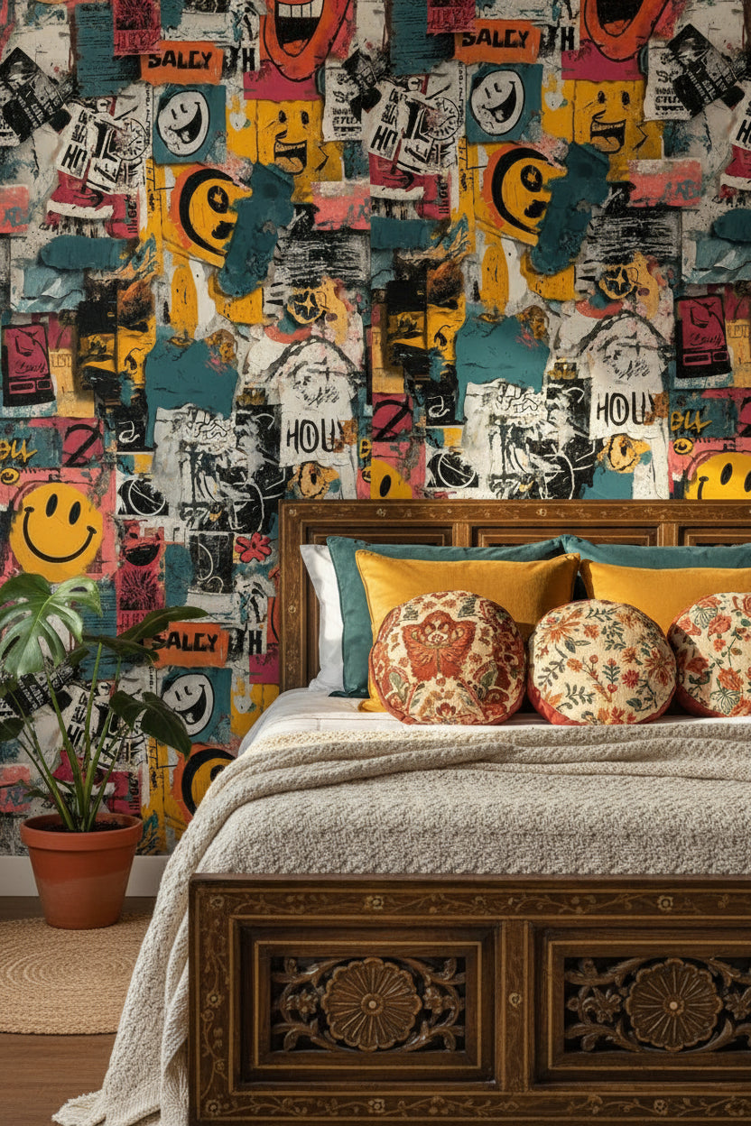 Grafiti Kolaj Duvar Kağıdı Renkli Salon Duvar Dekoru
