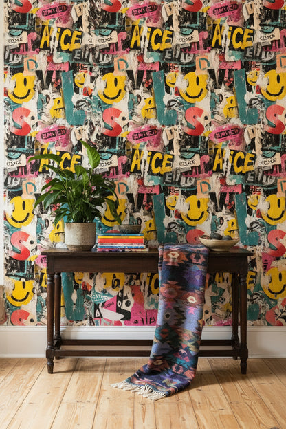 Grafiti Yazılı Duvar Kağıdı Sarı Pembe Genç Odası