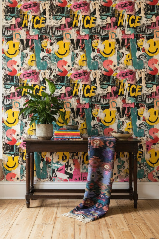 Grafiti Yazılı Duvar Kağıdı Sarı Pembe Genç Odası