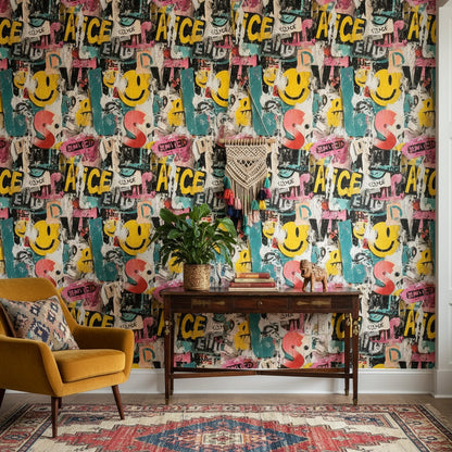 Grafiti Yazılı Duvar Kağıdı Sarı Pembe Genç Odası