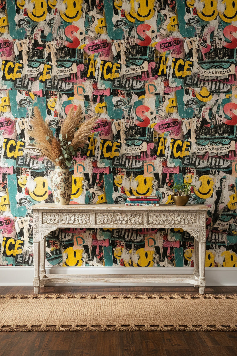 Grafiti Yazılı Duvar Kağıdı Sarı Pembe Genç Odası