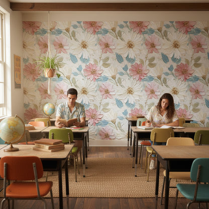 Pastel Papatyalı Duvar Kağıdı Krem Zemin Salon