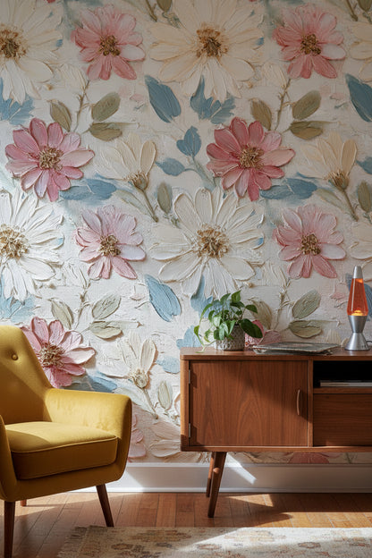 Pastel Papatyalı Duvar Kağıdı Krem Zemin Salon