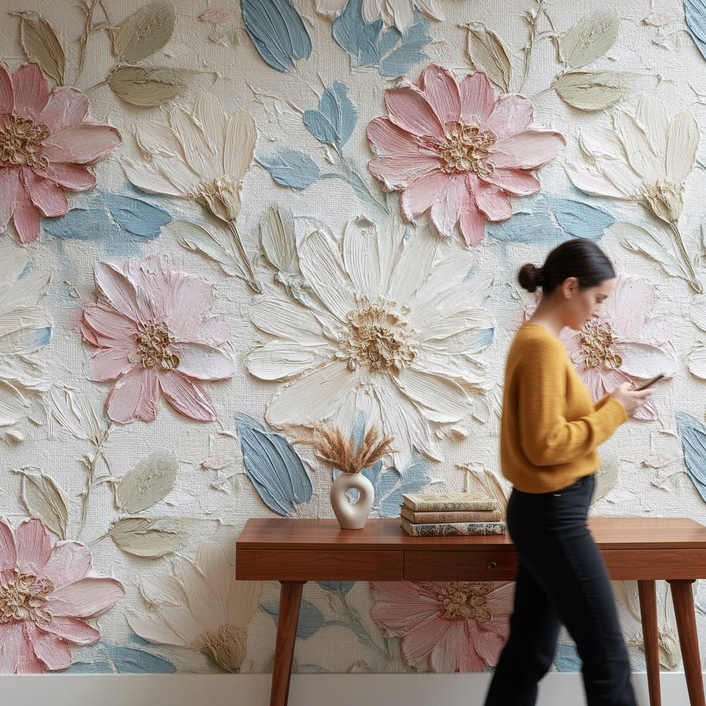 Pastel Papatyalı Duvar Kağıdı Krem Zemin Salon