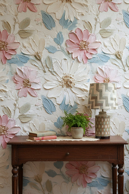 Pastel Papatyalı Duvar Kağıdı Krem Zemin Salon