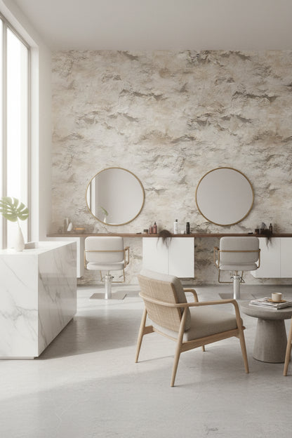 Desenli Beton Görünümlü Duvar Kağıdı Bej Minimal Salon