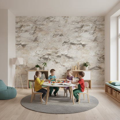 Desenli Beton Görünümlü Duvar Kağıdı Bej Minimal Salon