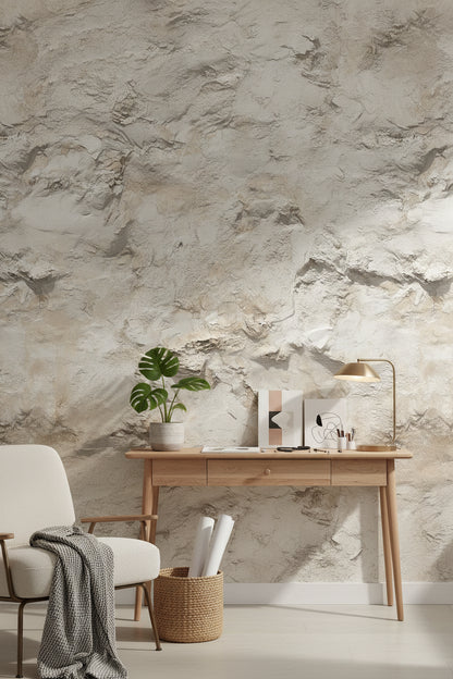 Desenli Beton Görünümlü Duvar Kağıdı Bej Minimal Salon