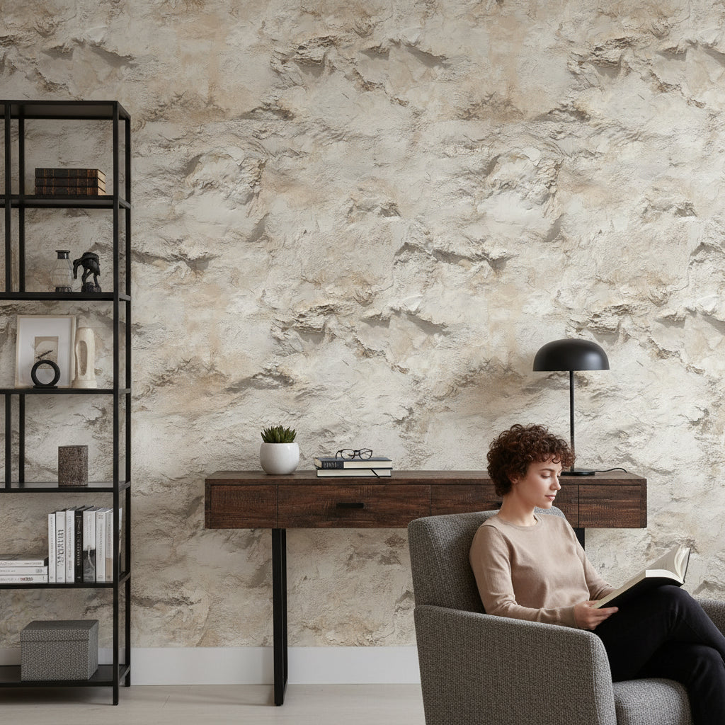 Desenli Beton Görünümlü Duvar Kağıdı Bej Minimal Salon