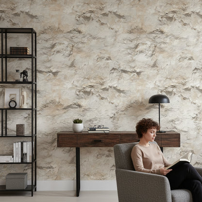 Desenli Beton Görünümlü Duvar Kağıdı Bej Minimal Salon