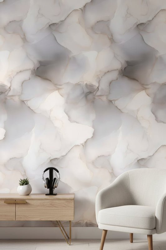 Mermer Desenli Duvar Kağıdı Bej Gri Modern Salon