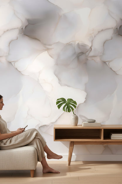 Mermer Desenli Duvar Kağıdı Bej Gri Modern Salon