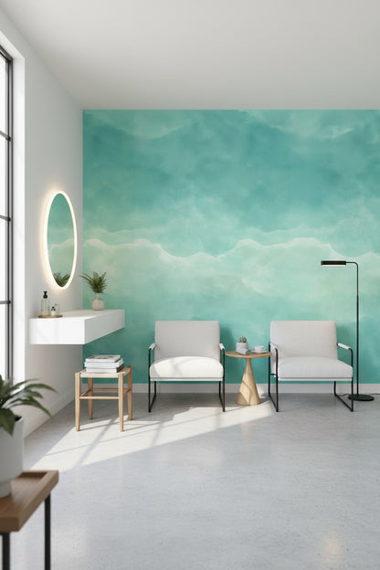 Turkuaz Suluboya Bulutlu Poster Duvar Kağıdı Modern Salon