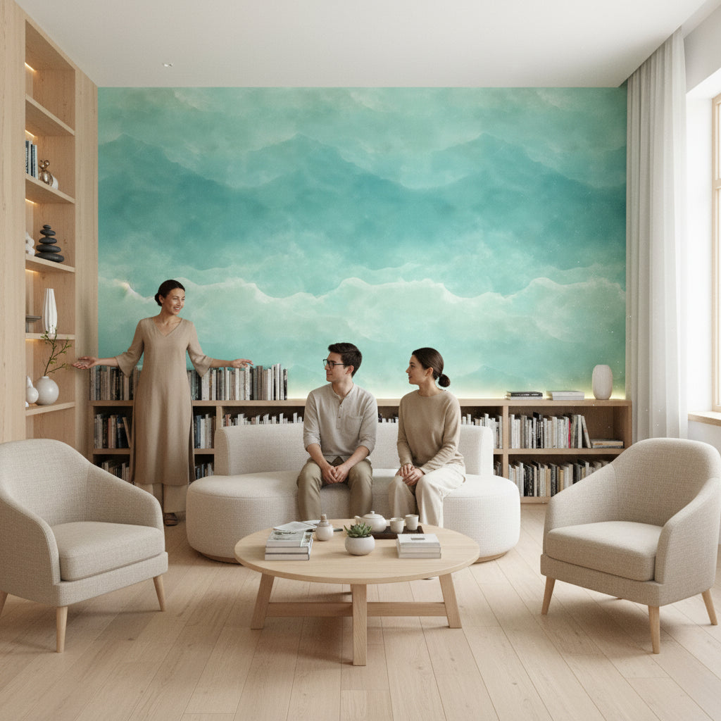 Turkuaz Suluboya Bulutlu Poster Duvar Kağıdı Modern Salon