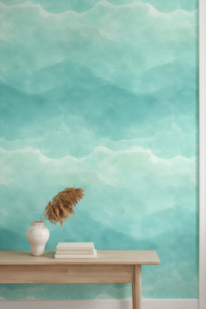 Turkuaz Suluboya Bulutlu Poster Duvar Kağıdı Modern Salon
